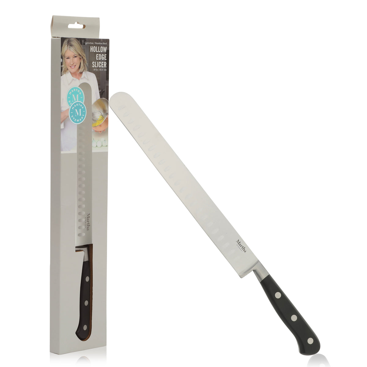 Martha Stewart Carverton 10" Hollow Edge Slicer Knife, High Carbon Stainless Steel Kitchen Knive W/ Black Triple Rivet Handle