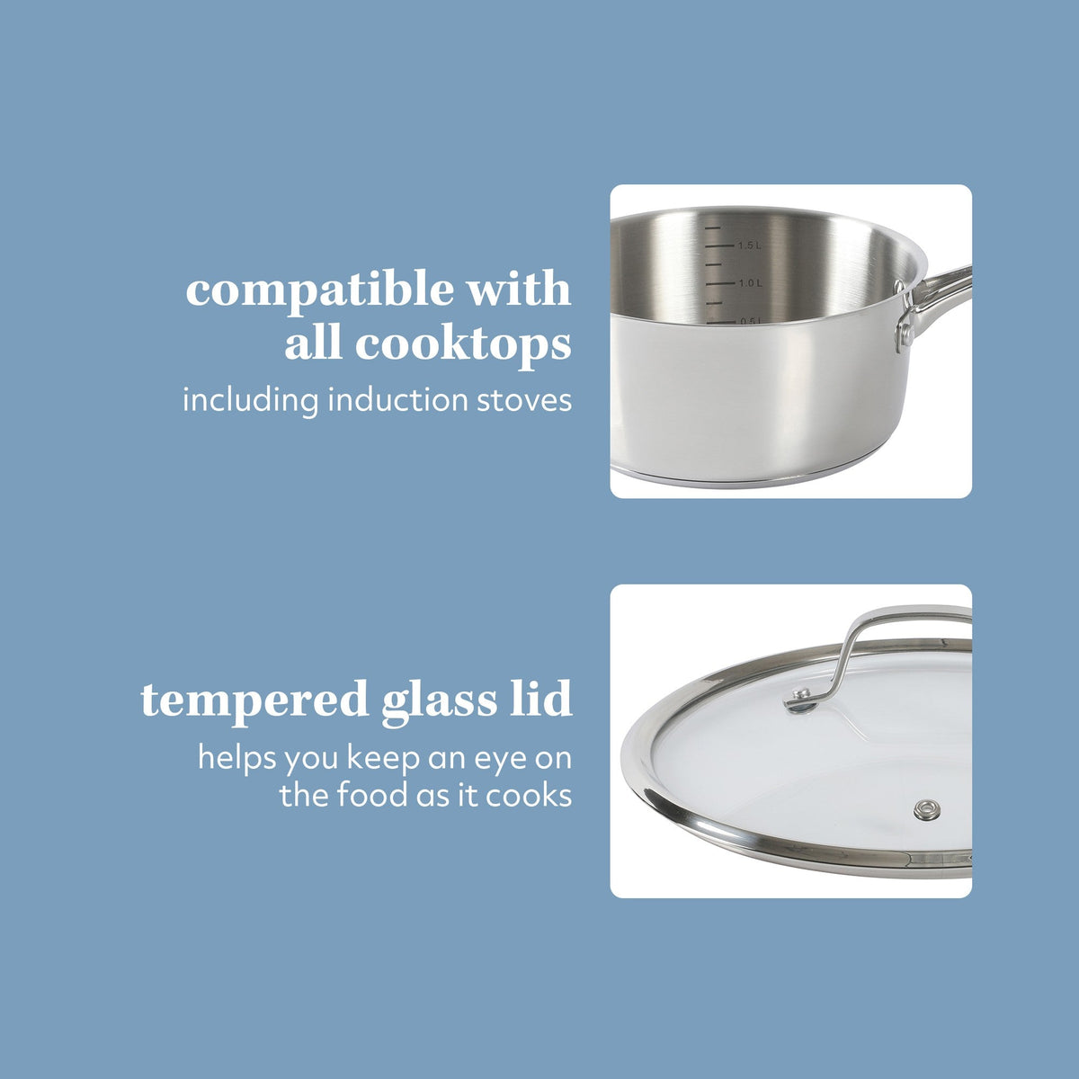 Sur La Table Kitchen Essentials 10 Piece Stainless Steel Non Toxic Pots and Pans Kitchen Cookware Set W/ Triply Encapsulated Base - Induction Safe