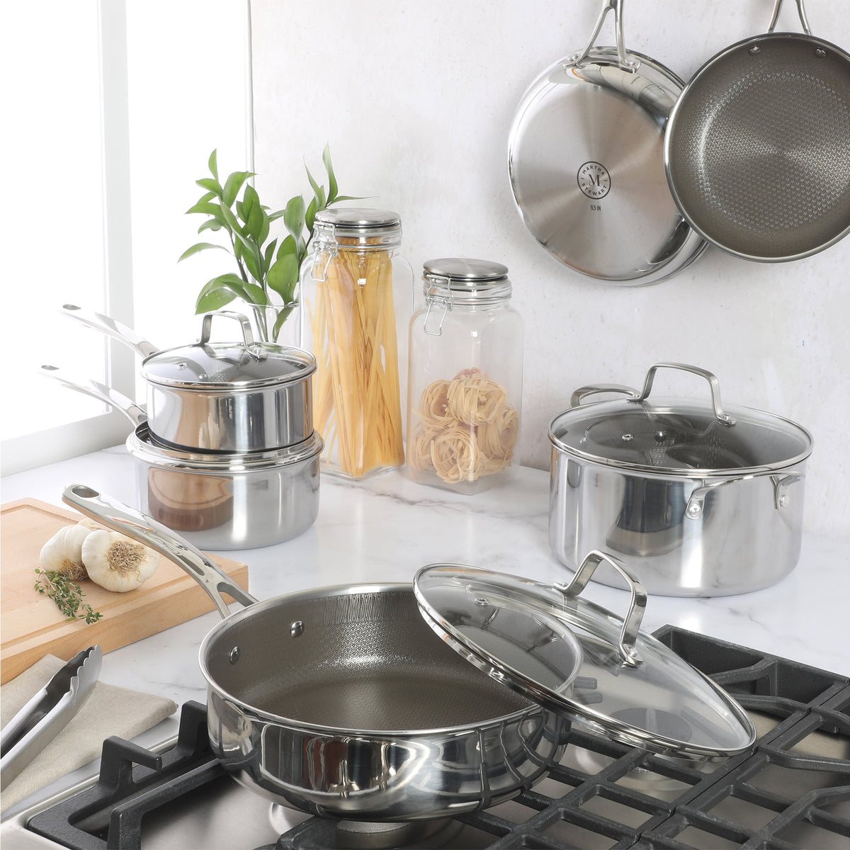 Martha Stewart Badgley Hybrid Nonstick 10 Piece TriPly Stainless Steel Pots and Pans Non-Toxic Kitchen Cookware Set - Laser Etched Non-Toxic Nonstick W/ Stay Cool Handle - Dishwasher and Induction Safe