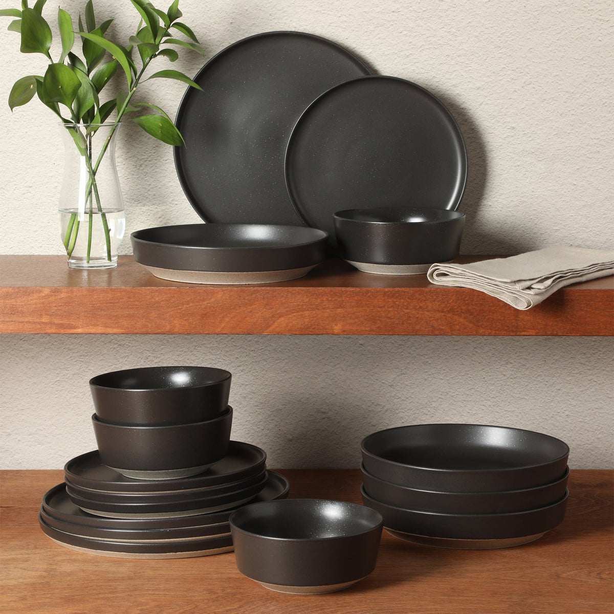 Gibson Elite Overbrook 16-Piece Pottery Clay Stoneware Dinnerware Set – Reactive Glaze, Stackable Plates and Bowls w/ Pasta Bowl, Service for 4 – Microwave & Dishwasher Safe