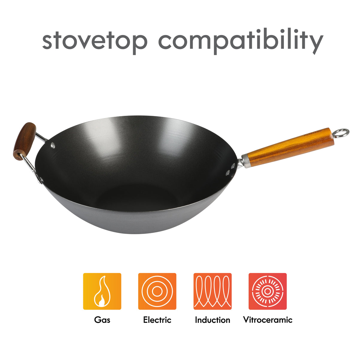 Kenmore Hammond 14-Inch Flat Bottom Wok, Carbon Steel Frying Pan for Stir-Frying, Steaming and Deep-Frying