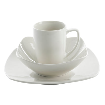 Gibson Home Zen Buffet 12-Piece Porcelain Dinnerware Set, Square Plates & Bowls & Mugs, Service for 4, White