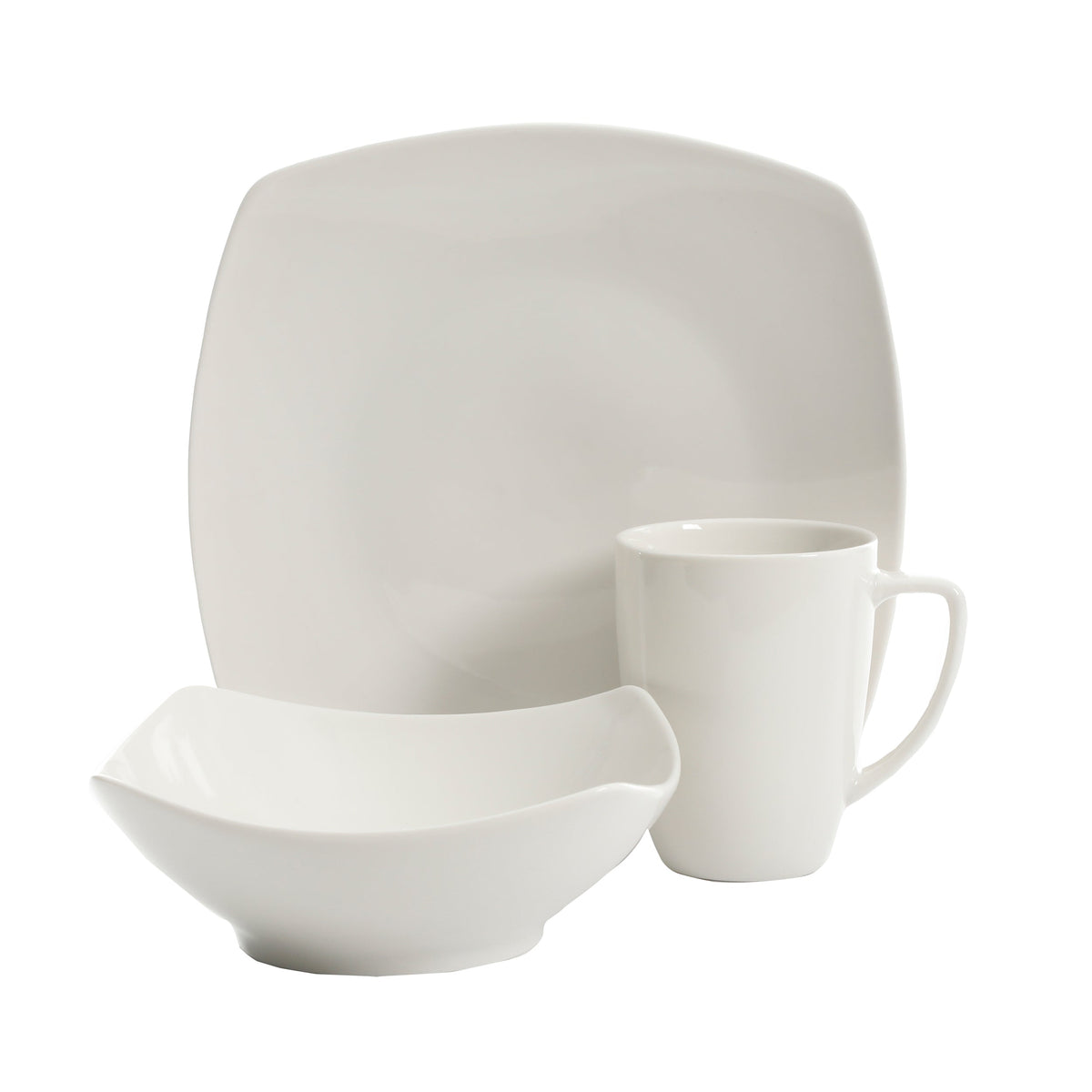 Gibson Home Zen Buffet 12-Piece Porcelain Dinnerware Set, Square Plates & Bowls & Mugs, Service for 4, White