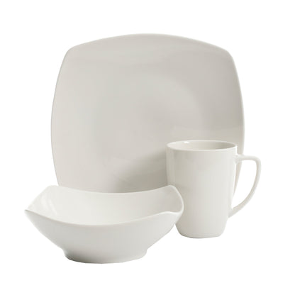 Gibson Home Zen Buffet 12-Piece Porcelain Dinnerware Set, Square Plates & Bowls & Mugs, Service for 4, White