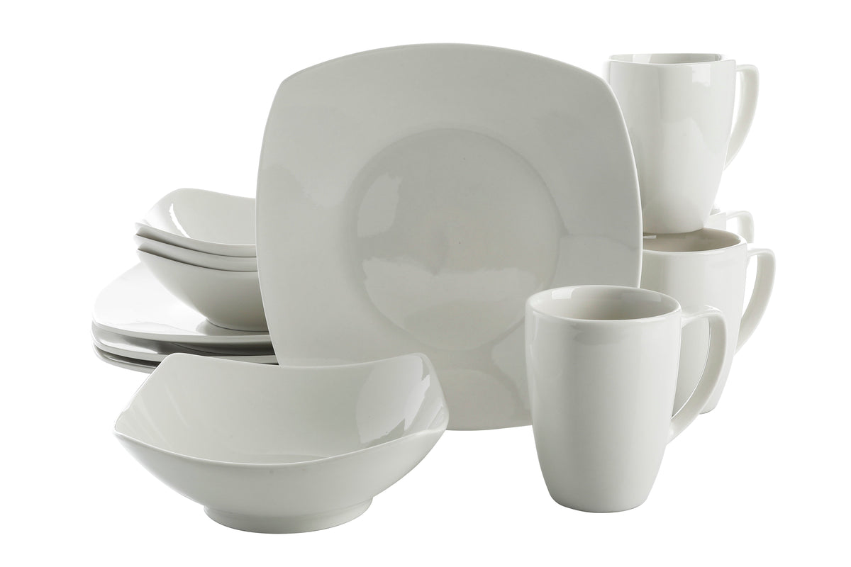Gibson Home Zen Buffet 12-Piece Porcelain Dinnerware Set, Square Plates & Bowls & Mugs, Service for 4, White