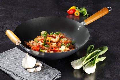 Kenmore Hammond 14-Inch Flat Bottom Wok, Carbon Steel Frying Pan for Stir-Frying, Steaming and Deep-Frying