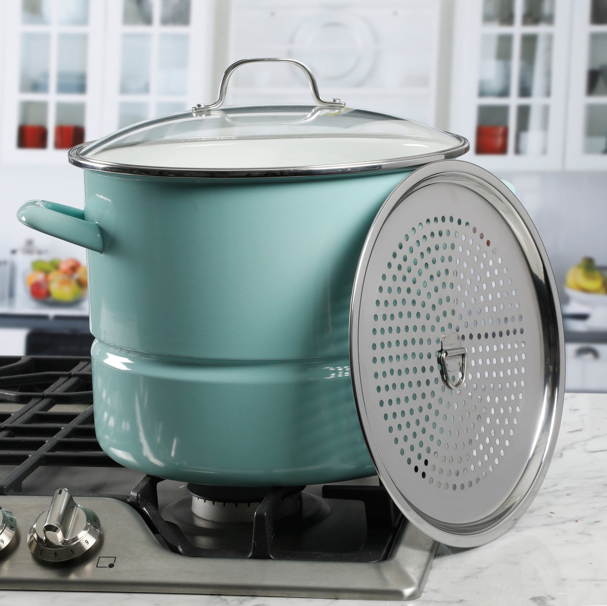 Kenmore Broadway 16-Quart Enamel on Steel Stock Pot with Steamer Insert & Tempered Glass Lid, Induction Compatible