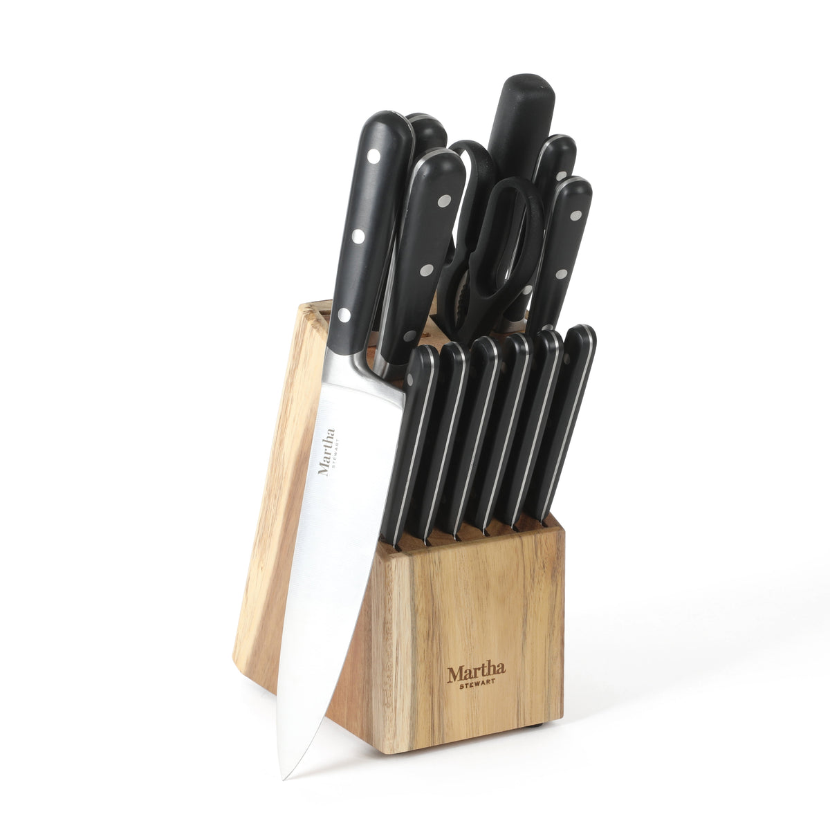 Martha Stewart Eastwalk 14-Piece Stainless Steel Cutlery Set w/ ABS Triple Riveted Forged Handle Acacia Wood Block
