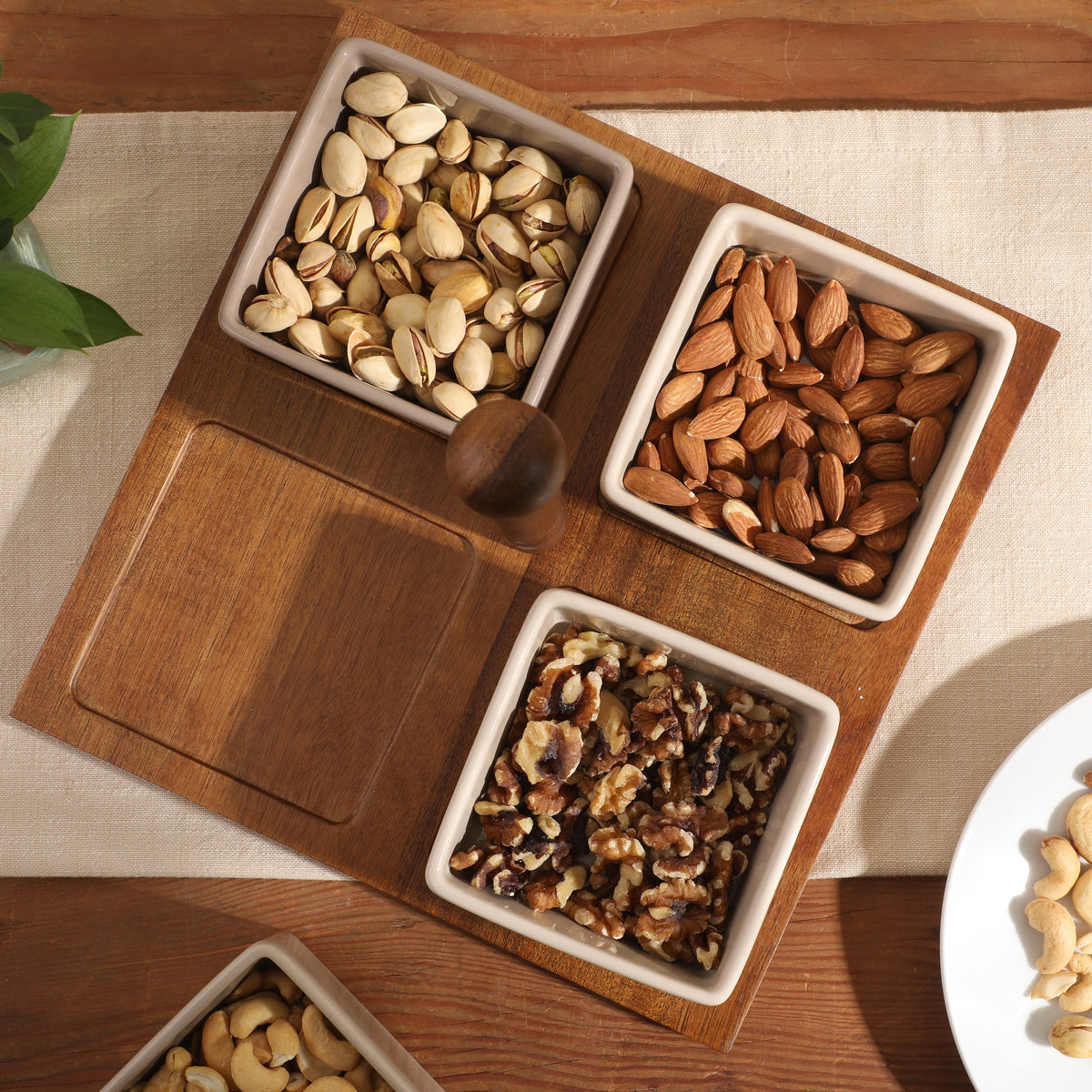 Gibson Elite 4-Piece Stoneware Tidbit, Condiment & Dip Dish Set with Acacia Wood Tray – Taupe Square Appetizer, Snack, Topping & Entertaining Server