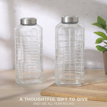 Gibson Home Whistler Peak 2 Piece Large Embossed Reusable Glassed Bottles W/ Airtight Leakproof Stainless Steel Lid, Pitcher for Water, Milk, Juice - Dishwasher Safe