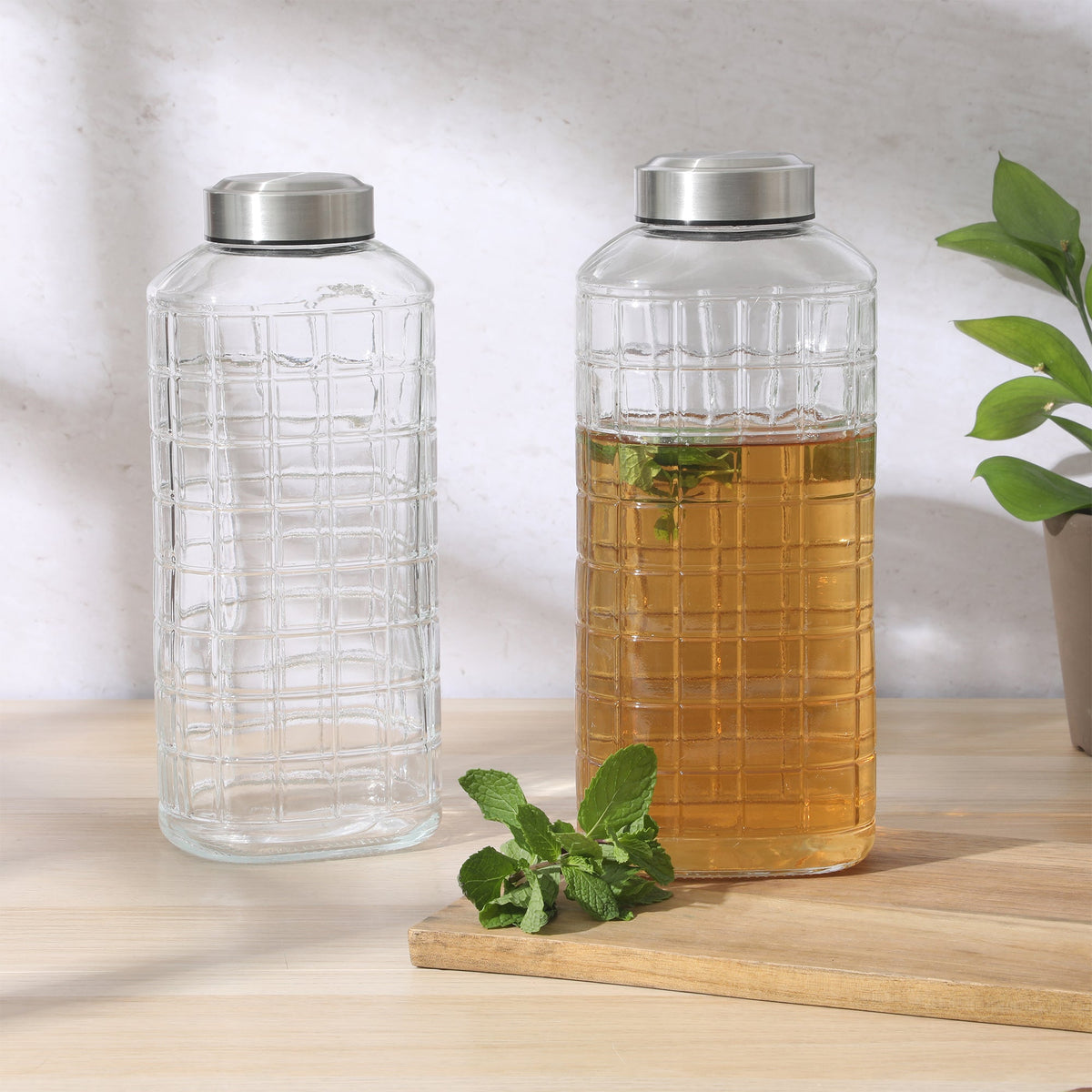 Gibson Home Whistler Peak 2 Piece Large Embossed Reusable Glassed Bottles W/ Airtight Leakproof Stainless Steel Lid, Pitcher for Water, Milk, Juice - Dishwasher Safe