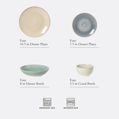 Gibson Home Stonebury 16 Piece Plates and Bowls Assorted Color Dishes - Handpainted Stoneware Dinnerware Set - Service for 4