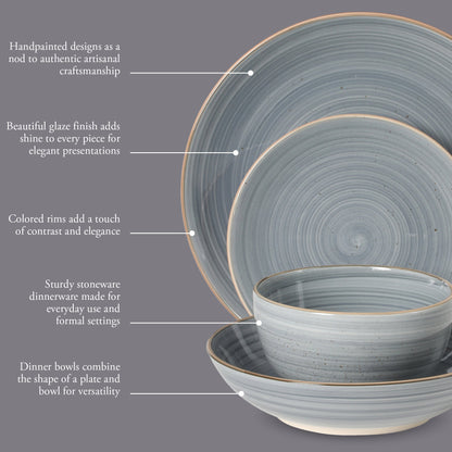 Gibson Home Stonebury 16 Piece Plates and Bowls Assorted Color Dishes - Handpainted Stoneware Dinnerware Set - Service for 4