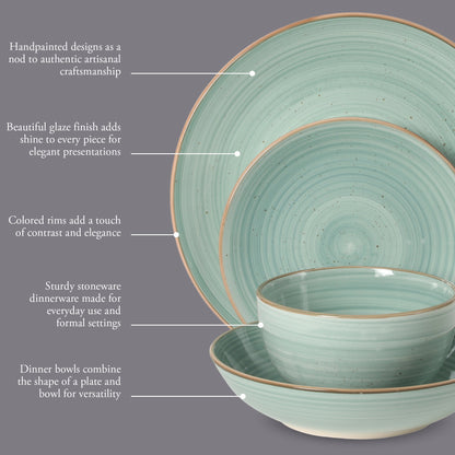Gibson Home Stonebury 16 Piece Plates and Bowls Assorted Color Dishes - Handpainted Stoneware Dinnerware Set - Service for 4