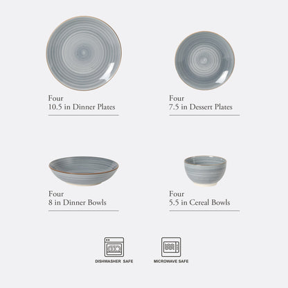 Gibson Home Stonebury 16 Piece Plates and Bowls Assorted Color Dishes - Handpainted Stoneware Dinnerware Set - Service for 4