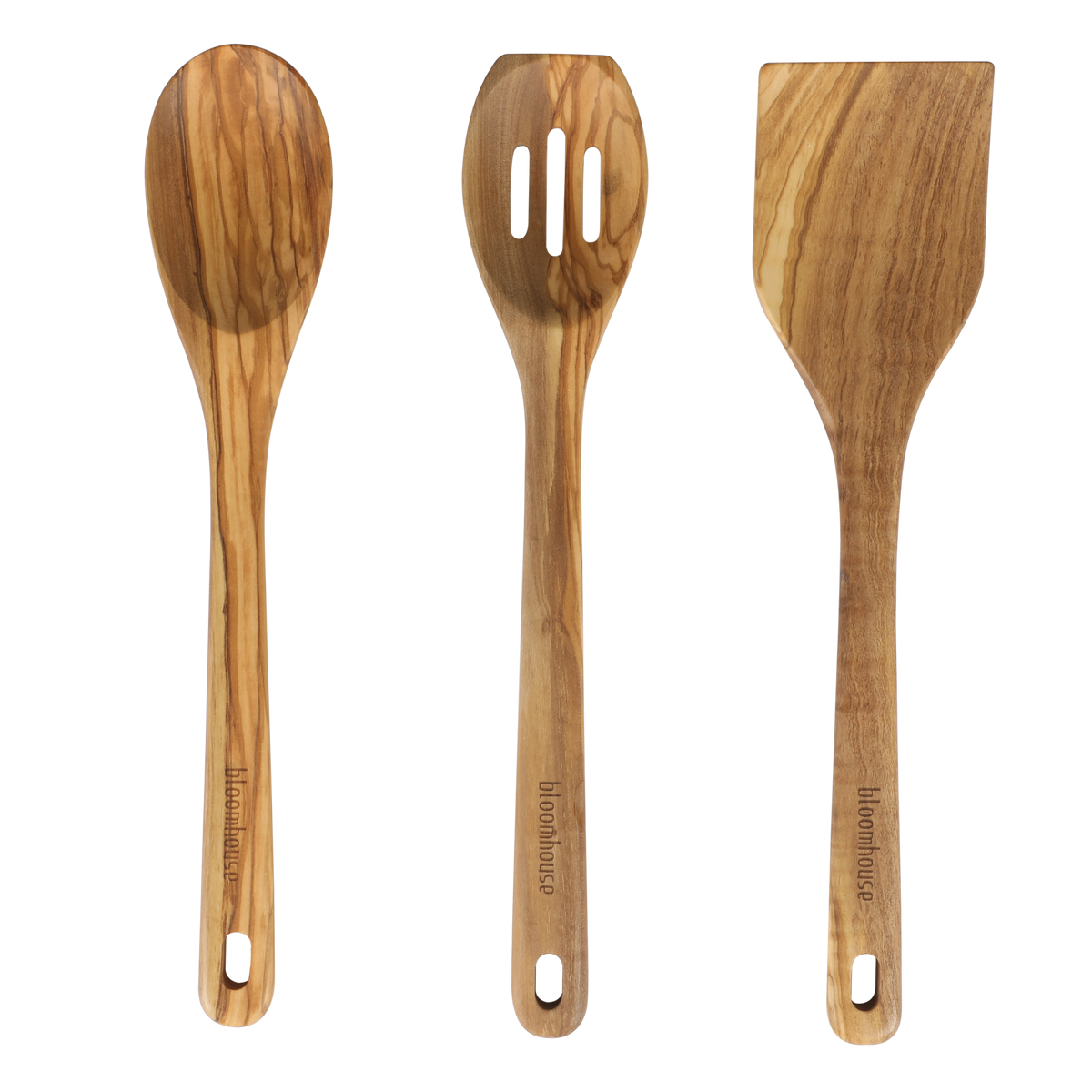 Bloomhouse Italian Olive Wood 3 Piece Extra-Large 14 Inch Turner, Spoon, and Slotted Spoon Set