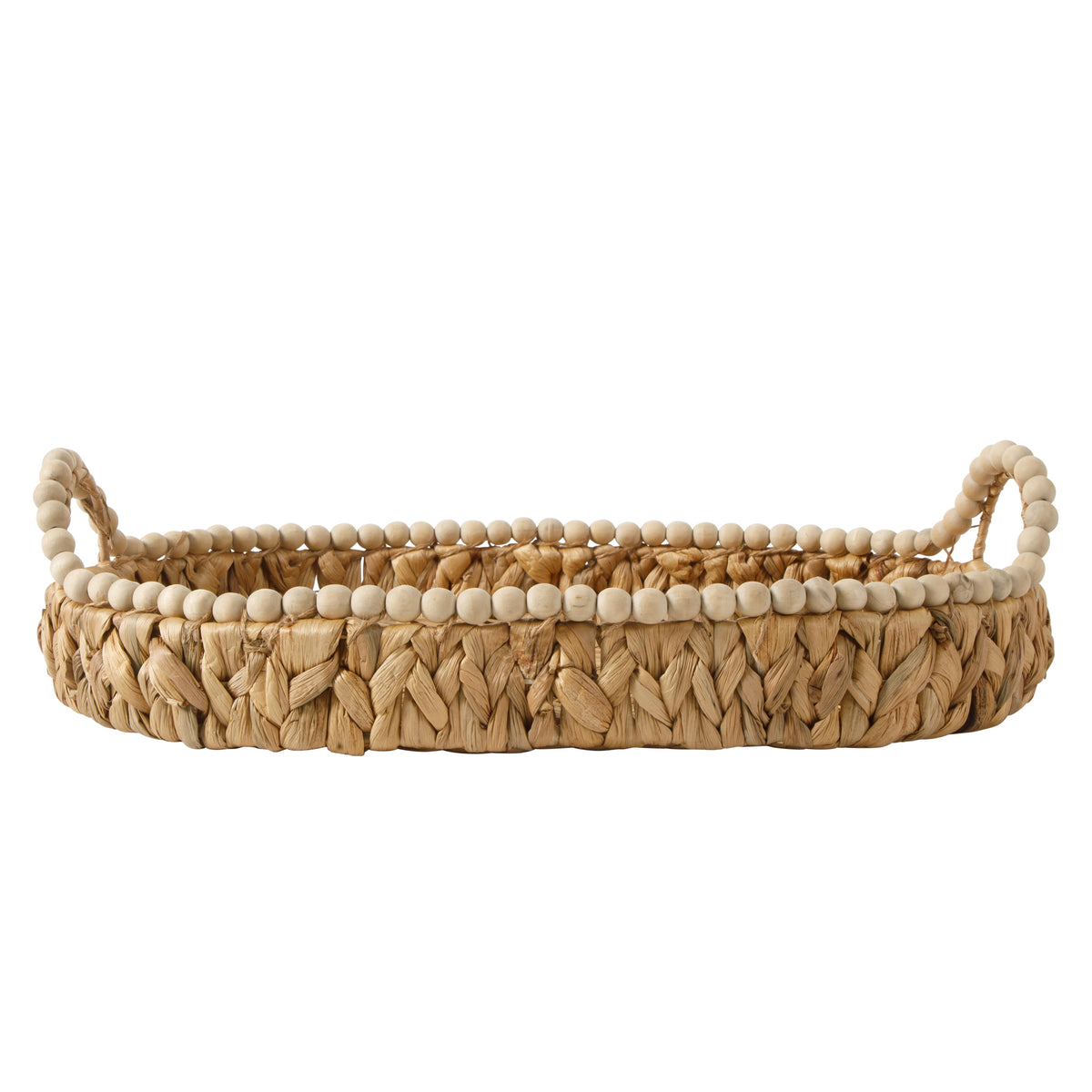 Gibson Home Riverrun Grove 17" Woven Decorative Serving Tray – Large Natural Water Hyacinth Basket w/ Wood-Bead Trim & Handles for Coffee Table Décor, Ottomans, Centerpieces & Kitchen Counter Display