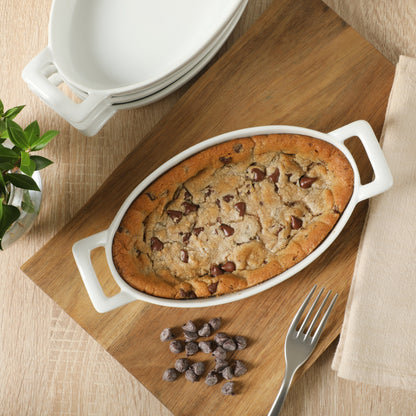 Gibson Home Gracious Dining Oval Au Gratin Baking Dishes, 4-Piece Set – 15 oz Oven Safe Ceramic Small Casserole Dishes with Handles, Microwave & Dishwasher Safe Mini Bakeware, White