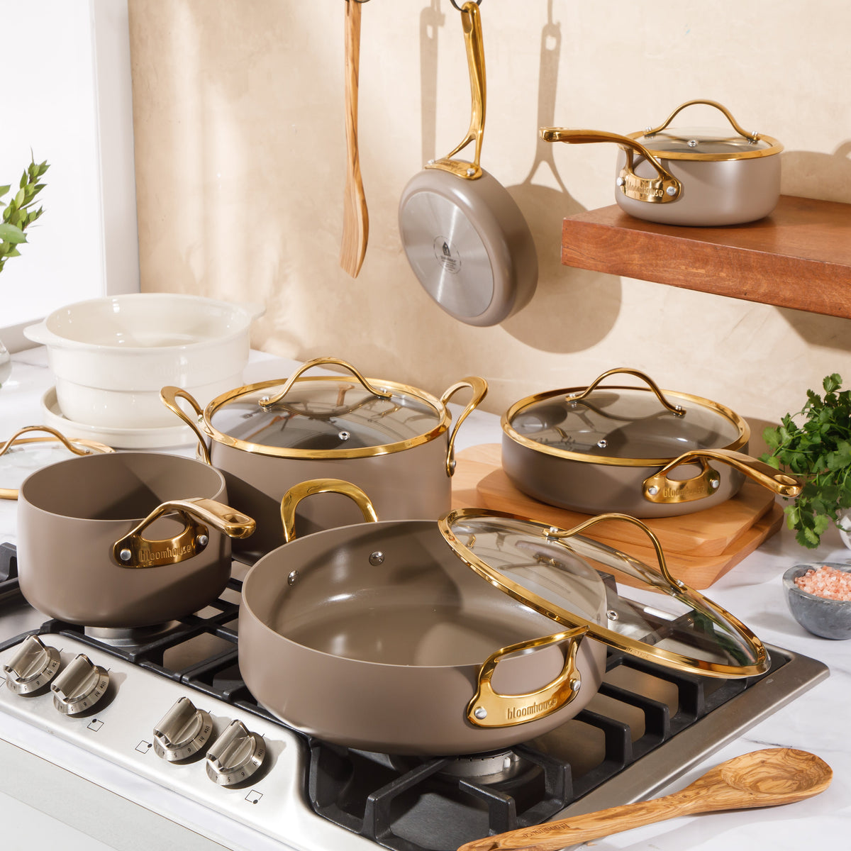 Bloomhouse 15 Piece Pots and Pans Heavy Duty Aluminum Premium PFA Free Ceramic Nonstick Dutch Oven Pot with Lid