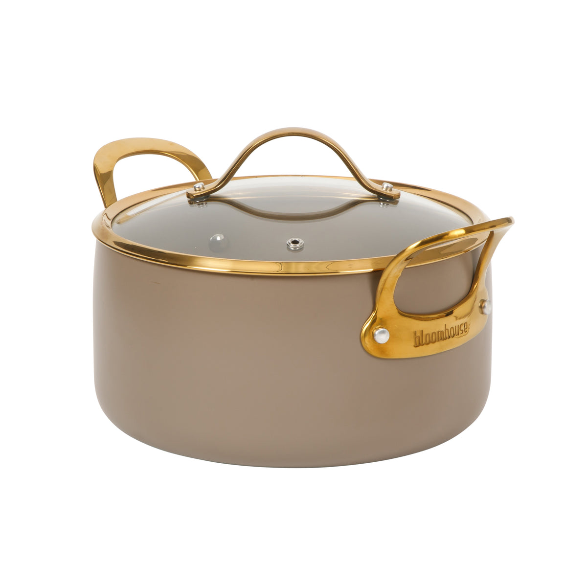 Bloomhouse 6 Quart Heavy Duty Aluminum Premium PFA Free Ceramic Nonstick Dutch Oven Pot with Lid - Linen White with Gold Handle
