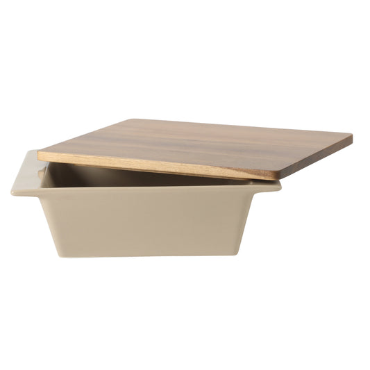 Gibson Elite 2-Quart 10" x 8.5" Stoneware Baking Dish with Acacia Wood Lid – Taupe Rectangular Oven Safe Baker for Casseroles, Roasting & Serving