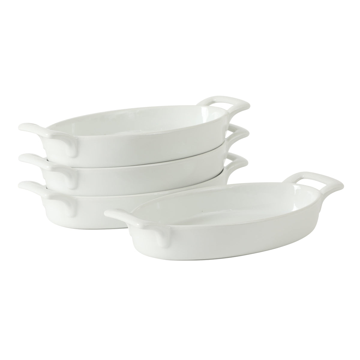 Gibson Home Gracious Dining Oval Au Gratin Baking Dishes, 4-Piece Set – 15 oz Oven Safe Ceramic Small Casserole Dishes with Handles, Microwave & Dishwasher Safe Mini Bakeware, White