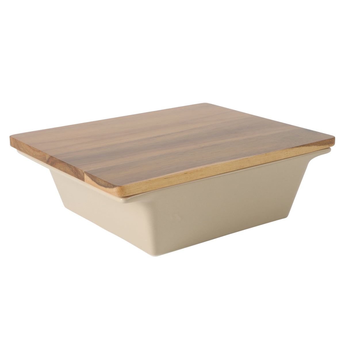 Gibson Elite 2-Quart 10" x 8.5" Stoneware Baking Dish with Acacia Wood Lid – Taupe Rectangular Oven Safe Baker for Casseroles, Roasting & Serving