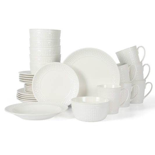 Martha Stewart Basket Weave 30-Piece New Bone China Embossed Porcelain Dinnerware Set