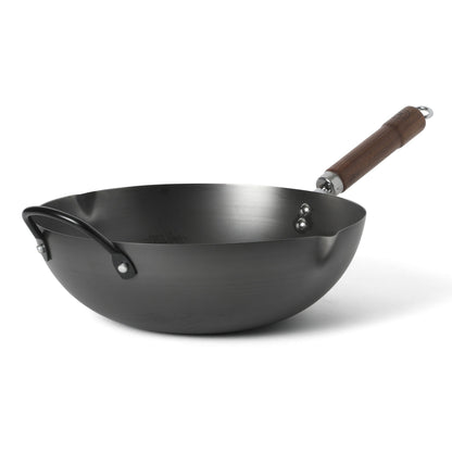 Martha Stewart Chisholm 13.5-Inch Carbon Steel Nonstick Wok, PFAS-Free Wok Pan & Flat Bottom Stir Fry Pan with Long Walnut Wood Handle & Helper Handle, Black