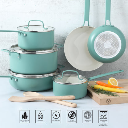 Martha Stewart Emmeline Premium Nonstick PFA Free Ceramic Interior 12 Piece Heavy Gauge Enamel Aluminum Pots and Pans Cookware Set