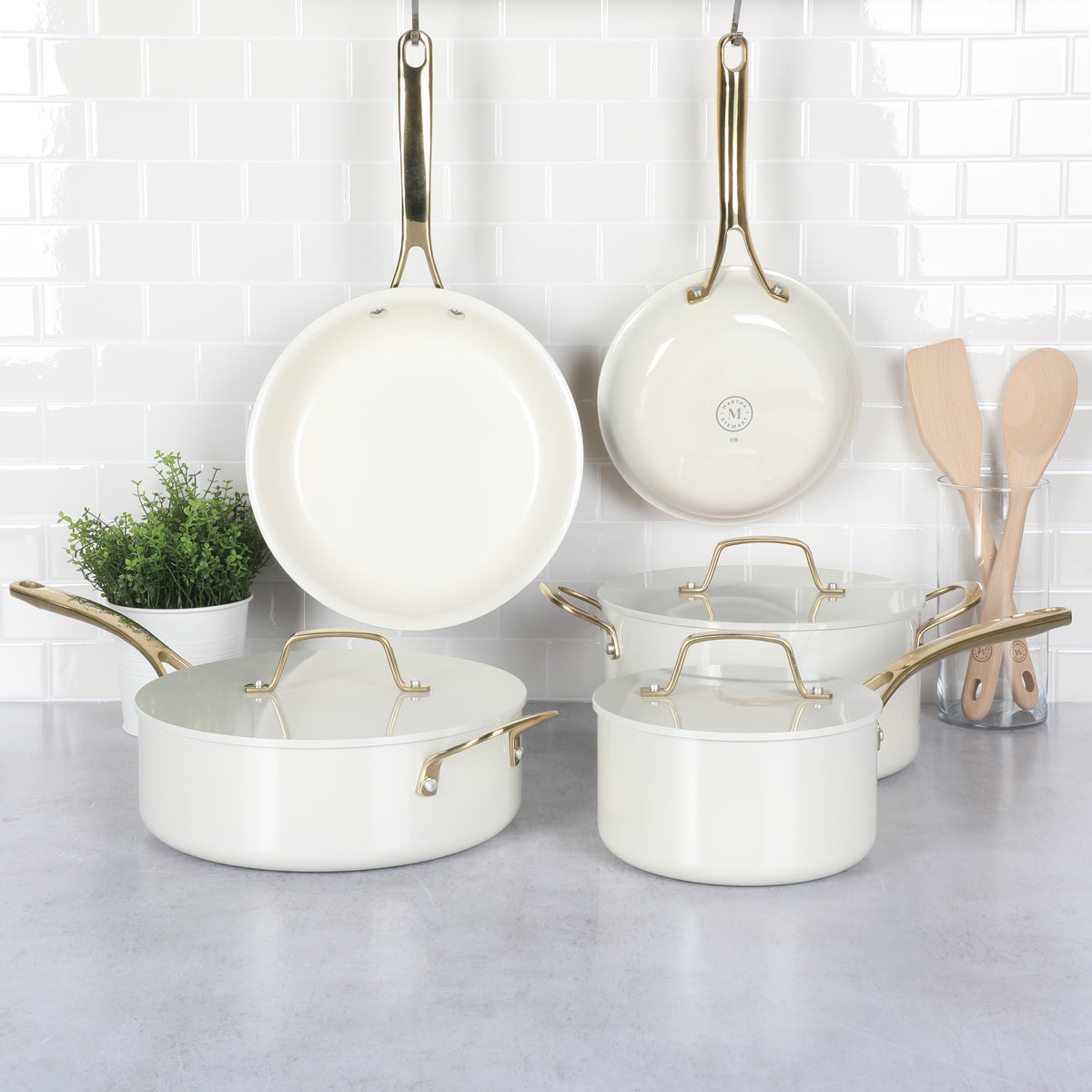 Martha Stewart Galway Premium Nonstick PFA Free Ceramic Interior 10 Piece Heavy Gauge Enamel Aluminum Pots and Pans Cookware Set w/ Aluminum Lids