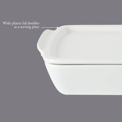 Gibson Home Gracious Dining 2.6-Quart White Stoneware Covered Baking Dish with Multi-Purpose Lid – 12.7 x 9-Inch Rectangular Oven Safe Casserole, Lasagna & Roasting Baker, Lid Doubles as Serveware or Trivet