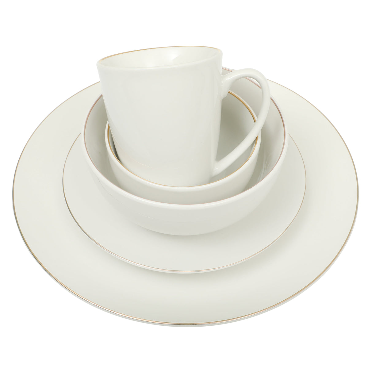 Gibson Home Ogalla 30 Piece Plates, Bowls, & Mugs Dinnerware Set - Service for 6 - White Porcelain W/ Gold Band