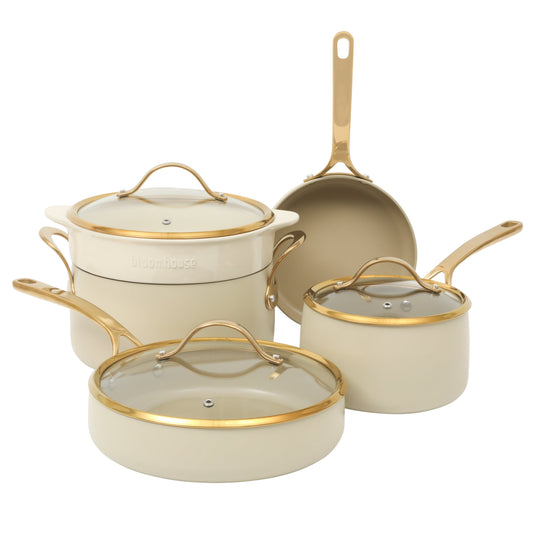 Bloomhouse 8 Piece Pots and Pans Heavy Duty Aluminum Premium PFA Free Ceramic Nonstick Dutch Oven Pot with Lid - Linen White with Gold Handle