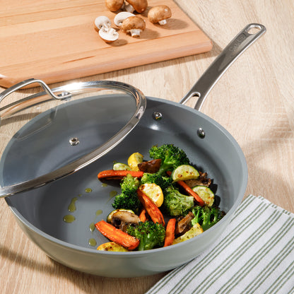 Sur La Table Kitchen Essentials Cool Commune Hard Anodized 10 Piece PFA Free Ceramic Non stick Interior Forged Durable Aluminum Pots and Pans Cookware Set