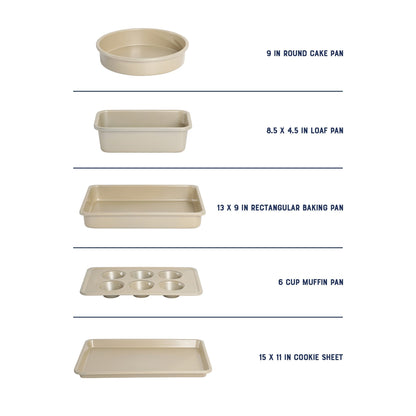 Oster Verlice 5 Piece Carbon Steel Baking Pans Bakeware Set W/ Premium PFA Free Nonstick - Champagne Gold