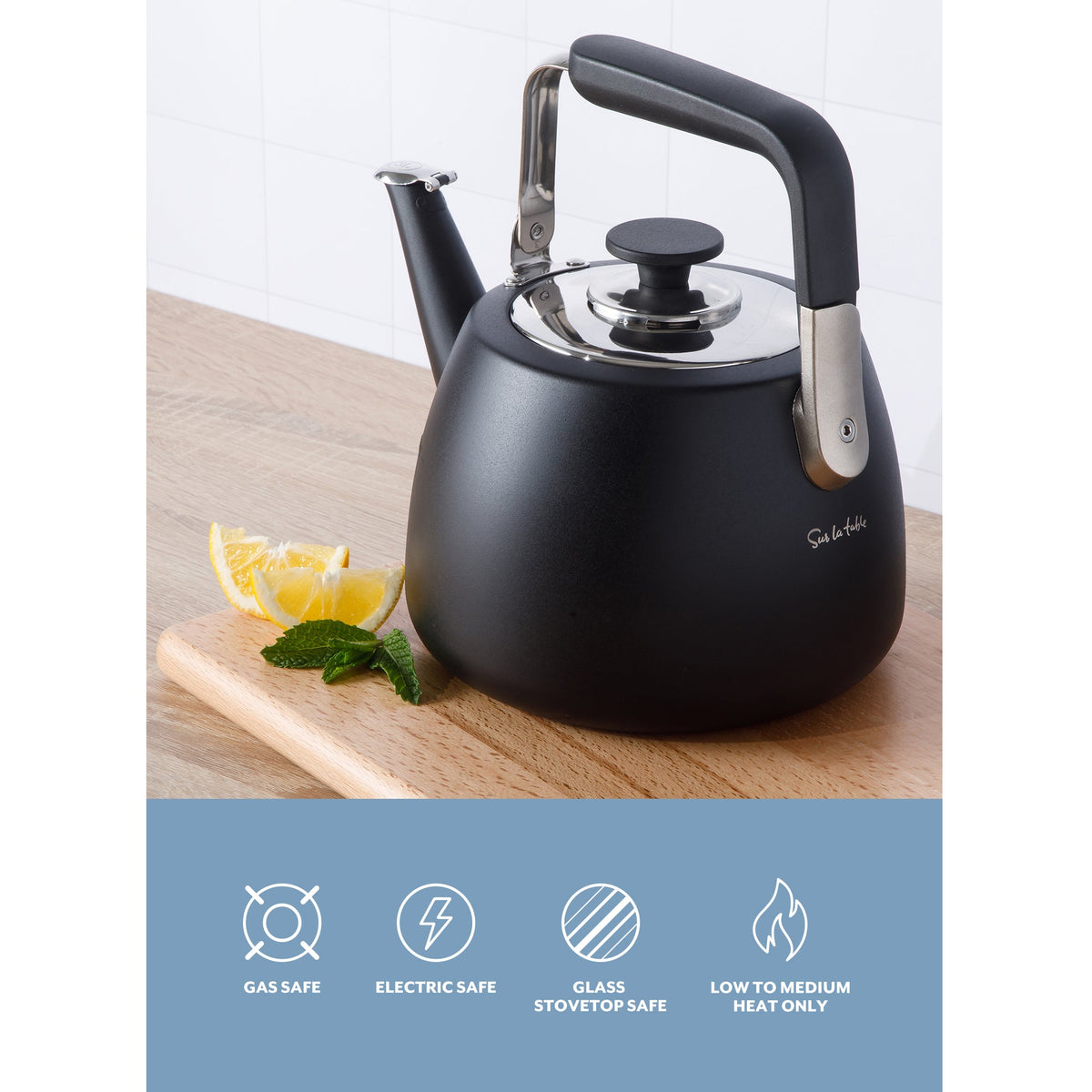 Sur La Table Kitchen Essential Large 2 QT Heavy Gauge Stainless Steel Whistling Tea Kettle