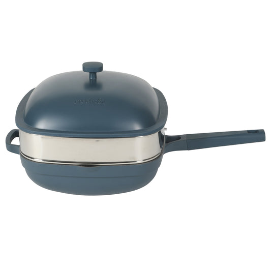 Crock Pot Northvale 5.3 Quart Ceramic Nonstick Sauté Pan with Steamer Basket & Lid, Cast Aluminum Pan with Induction Base and Soft-Touch Handle