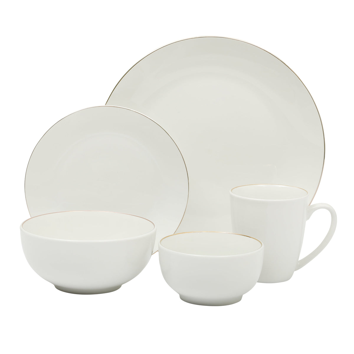 Gibson Home Ogalla 30 Piece Plates, Bowls, & Mugs Dinnerware Set - Service for 6 - White Porcelain W/ Gold Band