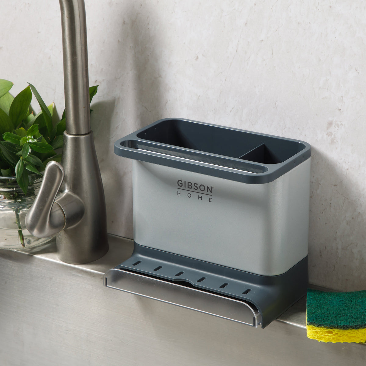 Gibson Home Ledgebrook Sink Caddy With Metal Panel, Metal Sponge Holder for Kitchen Sink, Countertop Organizer and Storage Essentials With Drain Board