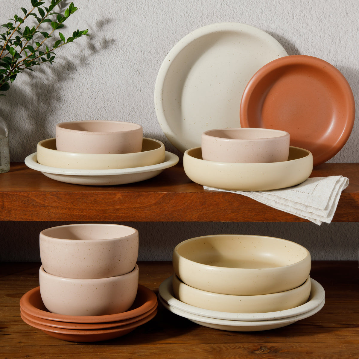 Bloomhouse Corsica Clay 16 Piece Double Bowl Stoneware Reactive Glaze Dinnerware Set