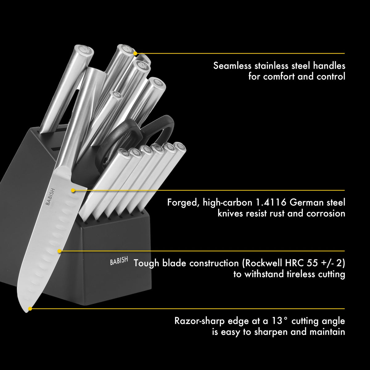 Babish High-Carbon 1.4116 German Steel 15 Piece Full Tang Forged Cutlery Kitchen Knife Block Set - Stainless Steel