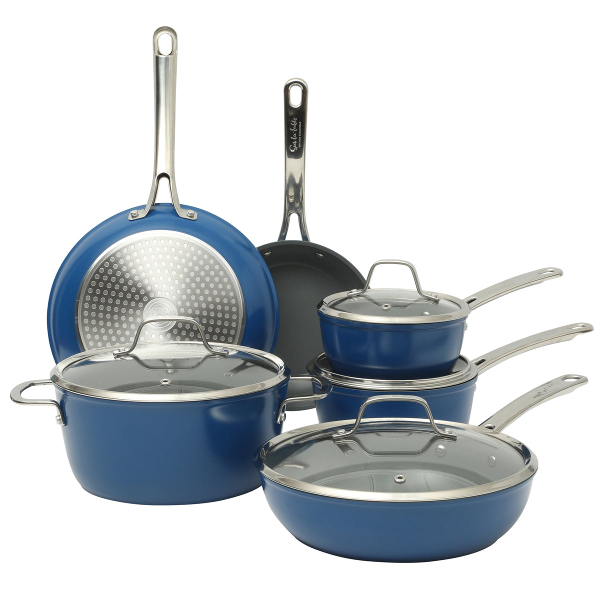 Sur La Table Kitchen Essentials Cool Commune Hard Anodized 10 Piece PFA Free Ceramic Non stick Interior Forged Durable Aluminum Pots and Pans Cookware Set