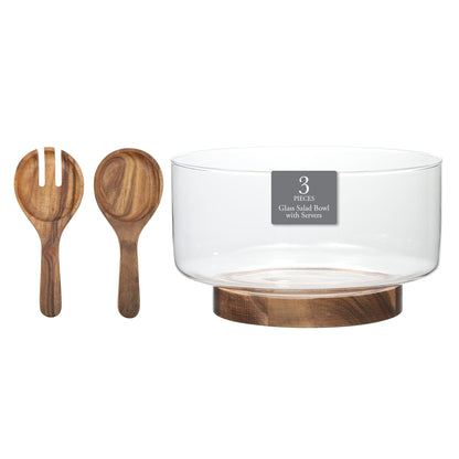 Gibson Elite Wildgreens Large Glass Salad Bowl Set with Acacia Serving Utensils