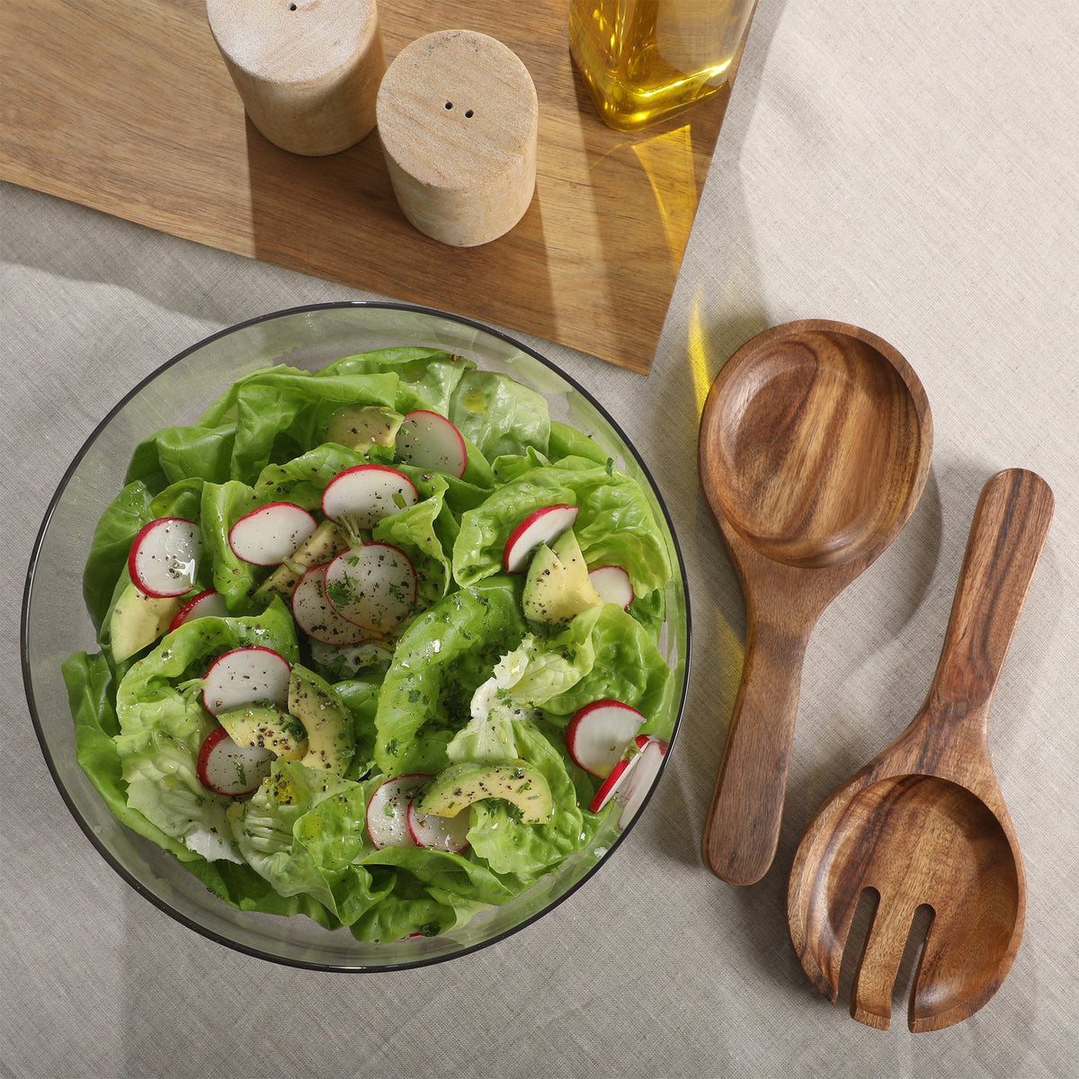 Gibson Elite Wildgreens Large Glass Salad Bowl Set with Acacia Serving Utensils