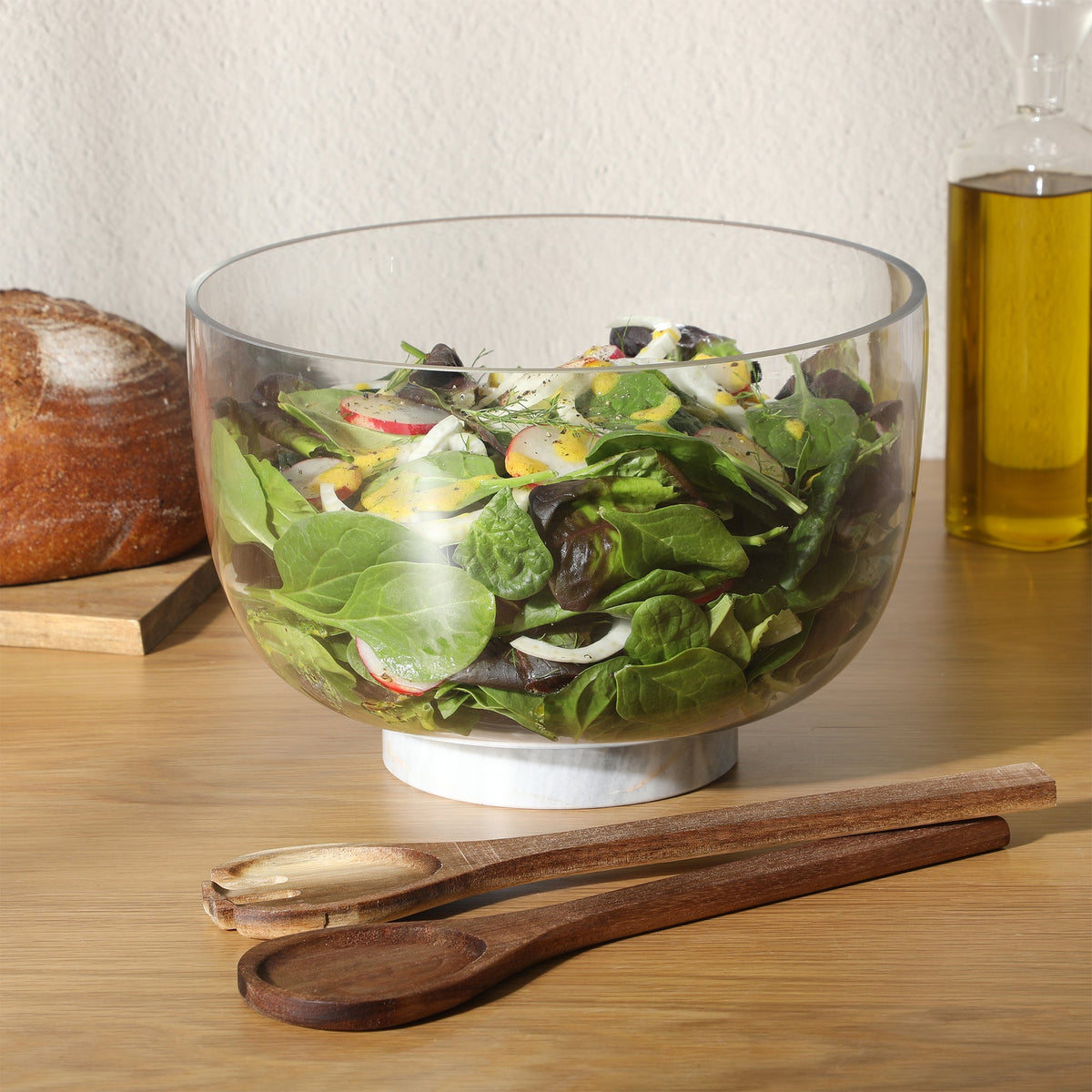 Gibson Elite Wildgreens Large Glass Salad Bowl Set with Acacia Serving Utensils