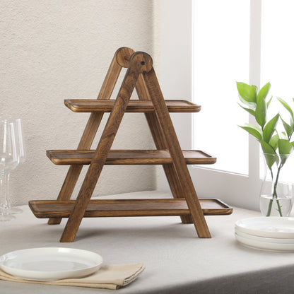 Gibson Home Truss Peak 3 Tier Serving Tray for Party, 18" Acacia Wood Cupcake/Charcuterie/ Dessert Farmhouse Tiered Platters with Collapsible Wood Rack