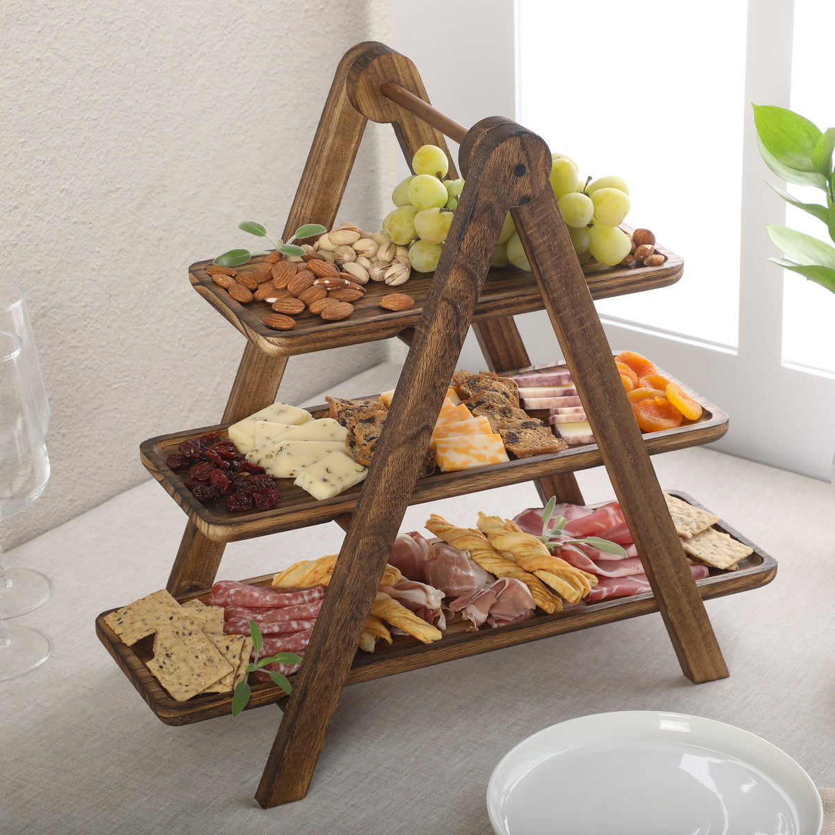 Gibson Home Truss Peak 3 Tier Serving Tray for Party, 18" Acacia Wood Cupcake/Charcuterie/ Dessert Farmhouse Tiered Platters with Collapsible Wood Rack