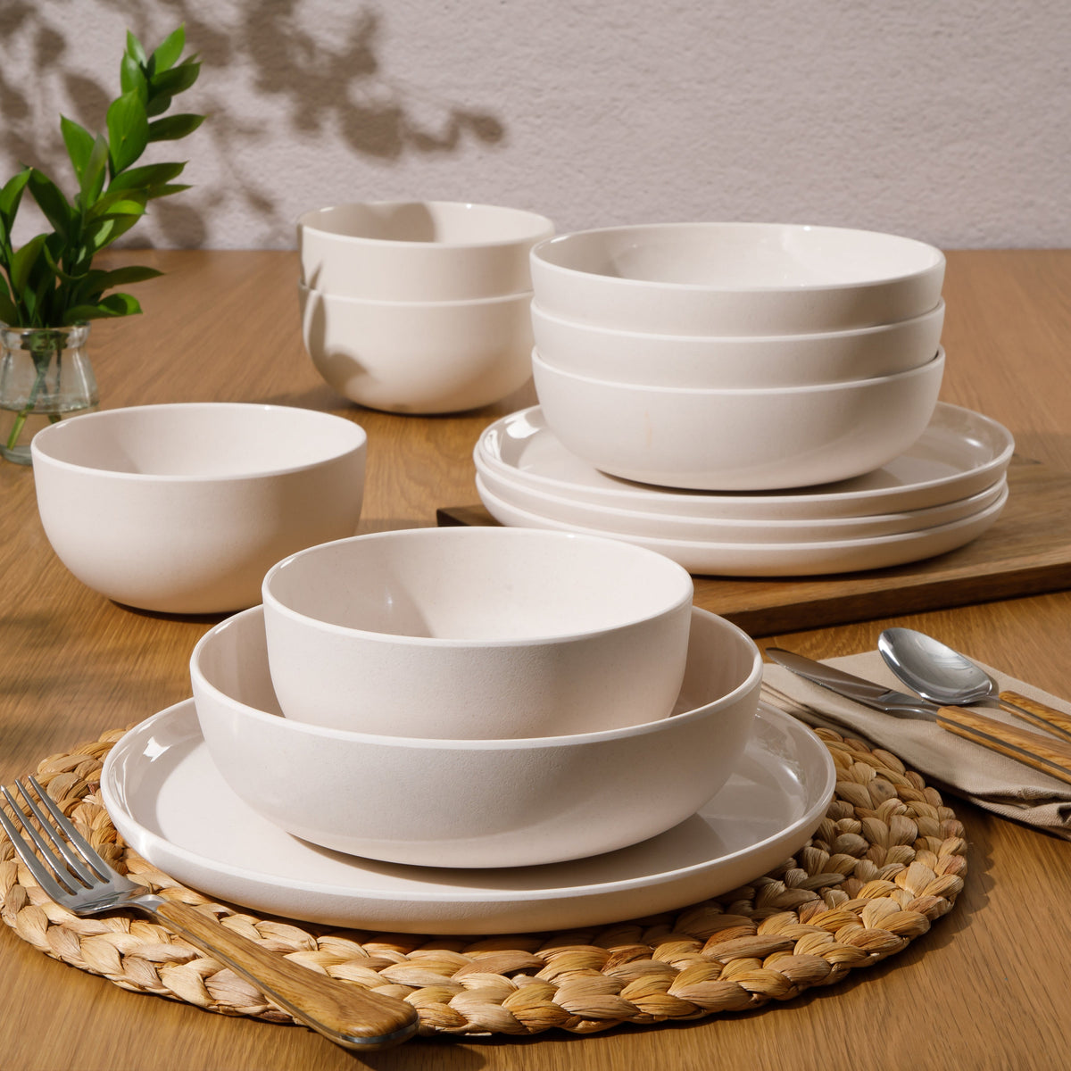 Gibson Home Candy Skies 12 Piece Unbreakable Wheat Straw Melamine Plates and Bowls Dinnerware Set - Outdoor, Camping, & Everyday Use - Matte Exterior/Shiny Interior