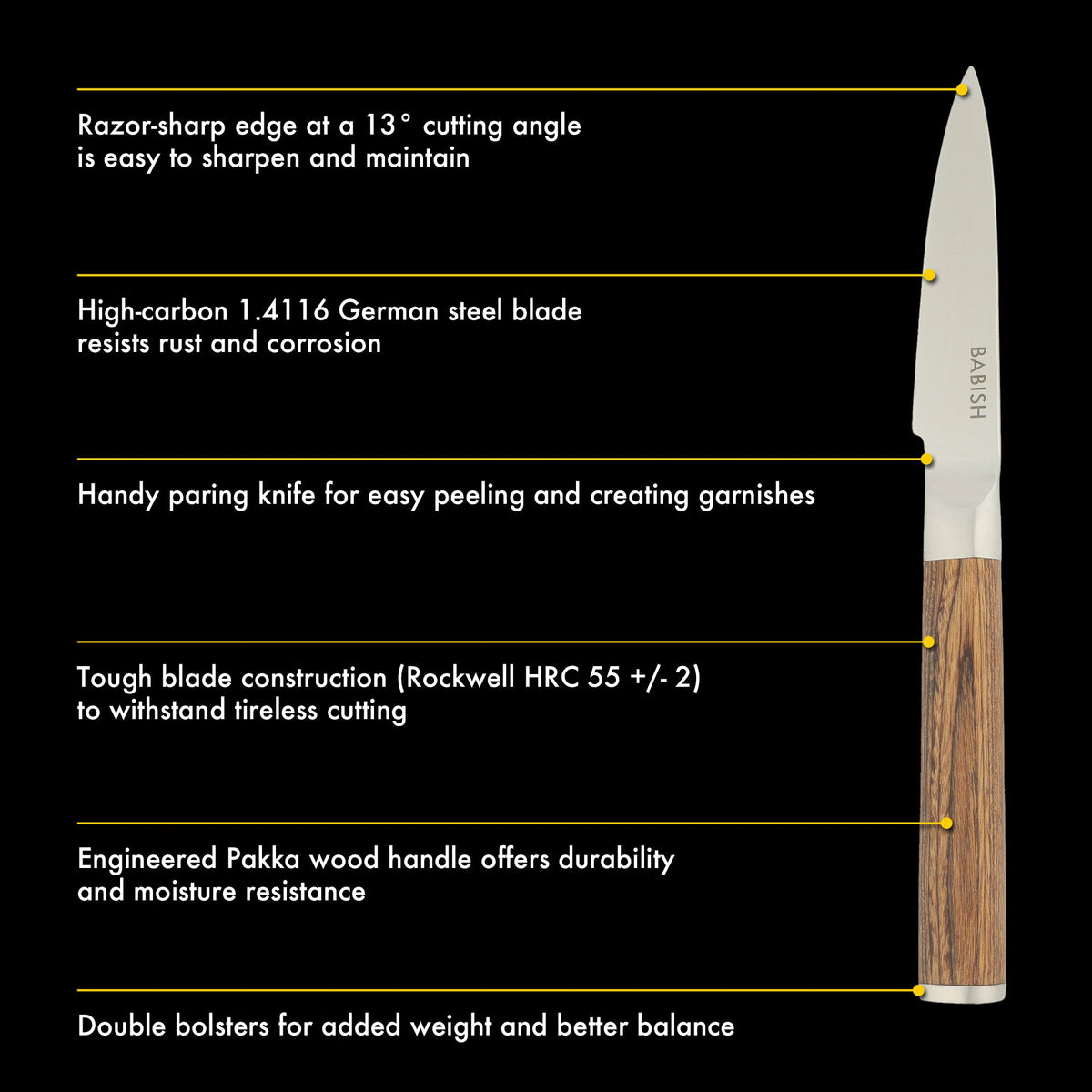 Babish 1.4116 German Stainless Steel Paring Knife with Pakka Wood Handle – 3.5-Inch Precision Kitchen Knife for Peeling, Trimming & Prep Work, Full-Tang Blade